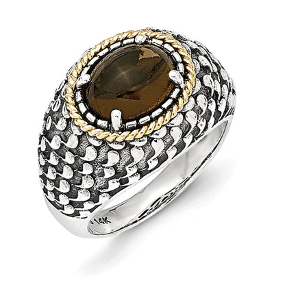 14K/Silver Two Tone Sterling Silver 14K Antiqued Smoky Quartz Ring (Size 7 Only)