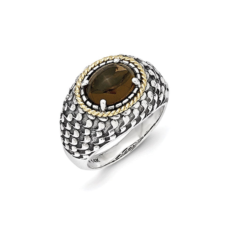 14K/Silver Two Tone Sterling Silver 14K Antiqued Smoky Quartz Ring (Size 7 Only)