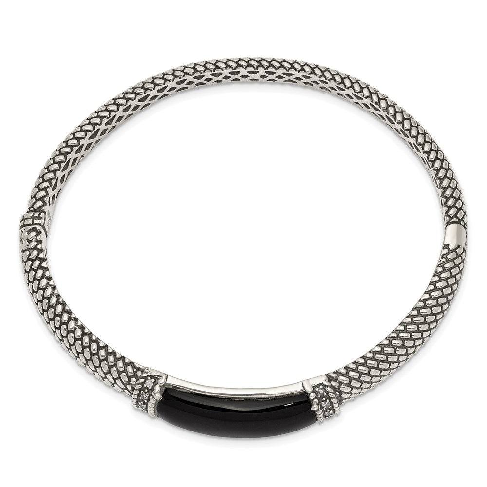 Sterling Silver Shey Couture Antiqued Black Onyx And Diamond Hinged Bangle Bracelet