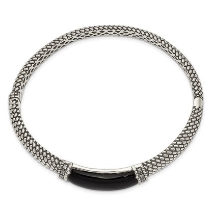 Sterling Silver Shey Couture Antiqued Black Onyx And Diamond Hinged Bangle Bracelet
