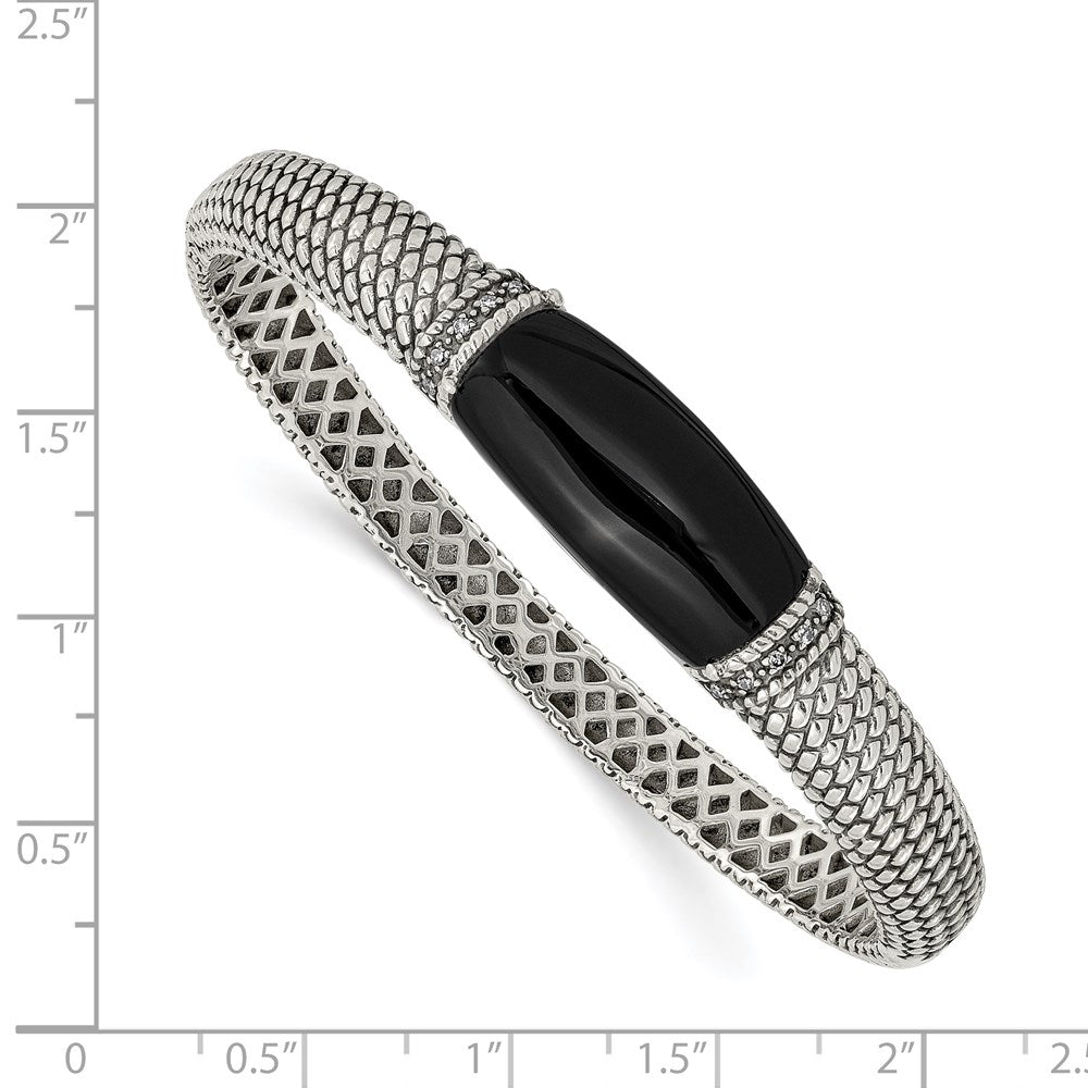 Sterling Silver Shey Couture Antiqued Black Onyx And Diamond Hinged Bangle Bracelet