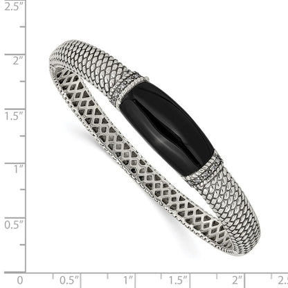 Sterling Silver Shey Couture Antiqued Black Onyx And Diamond Hinged Bangle Bracelet