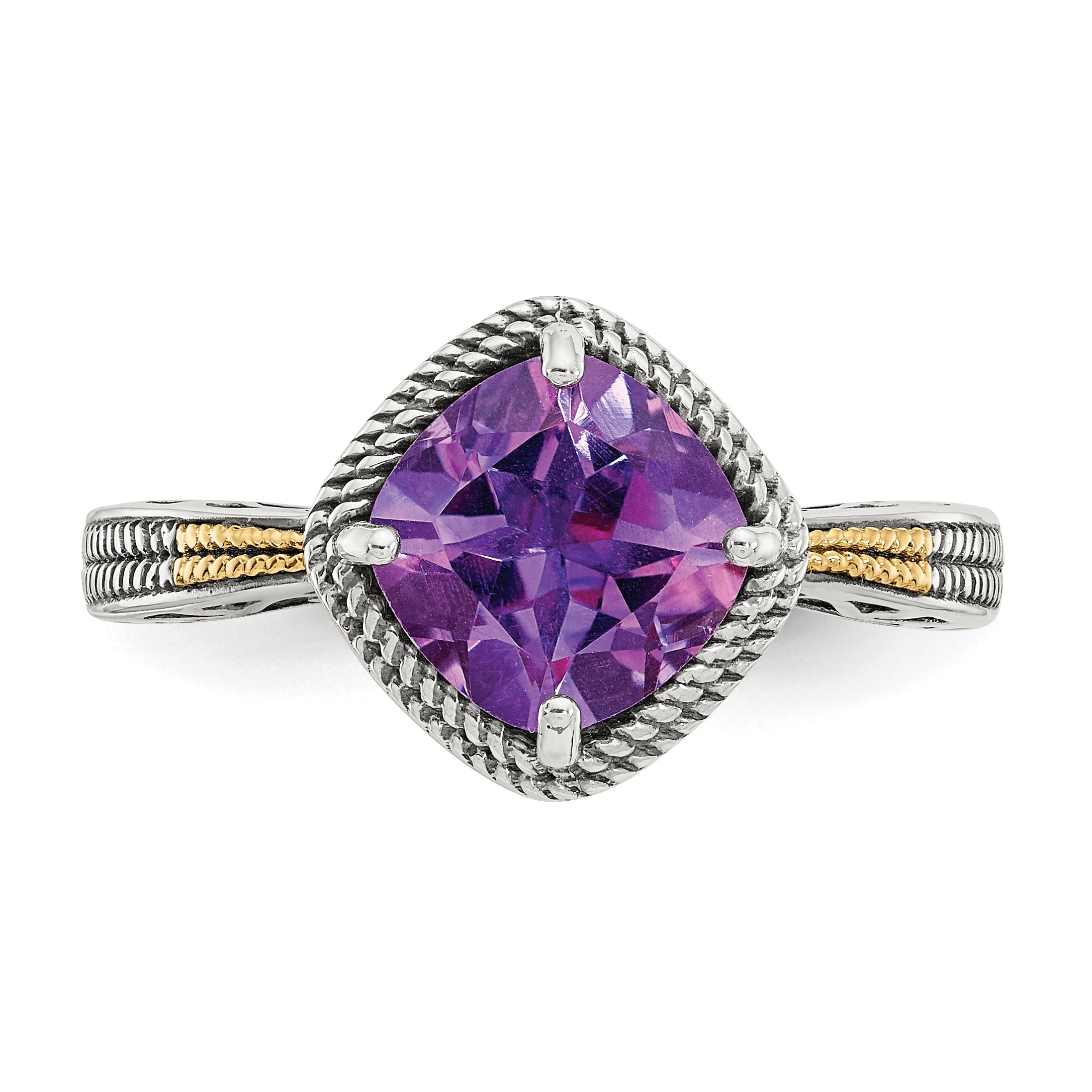 14K/Silver Two Tone Shey Couture Sterling Silver With 14K Accent Antiqued Cushion Amethyst Ring