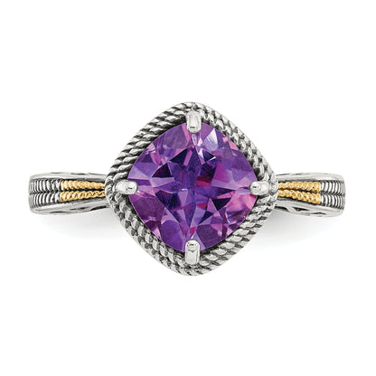 14K/Silver Two Tone Shey Couture Sterling Silver With 14K Accent Antiqued Cushion Amethyst Ring
