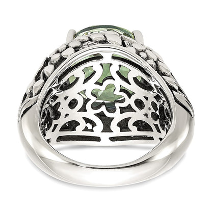 14K/Silver Two Tone Shey Couture Sterling Silver With 14K Accent Antiqued Round Green Quartz Ring (Size 8 Only)