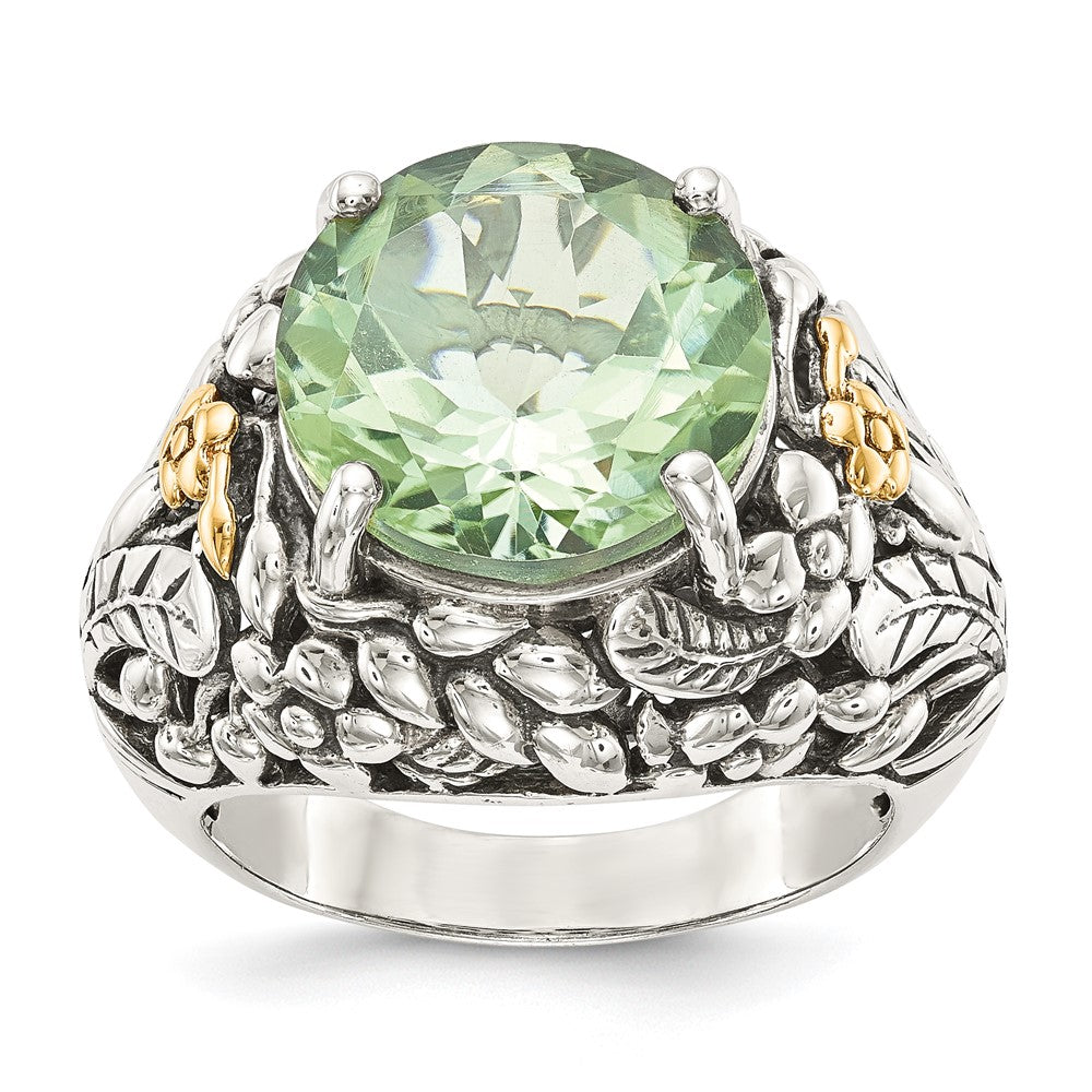 14K/Silver Two Tone Shey Couture Sterling Silver With 14K Accent Antiqued Round Green Quartz Ring (Size 8 Only)