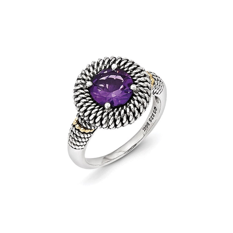 14K/Silver Two Tone Sterling Silver 14K Antiqued Amethyst Ring (Size 7 Only)