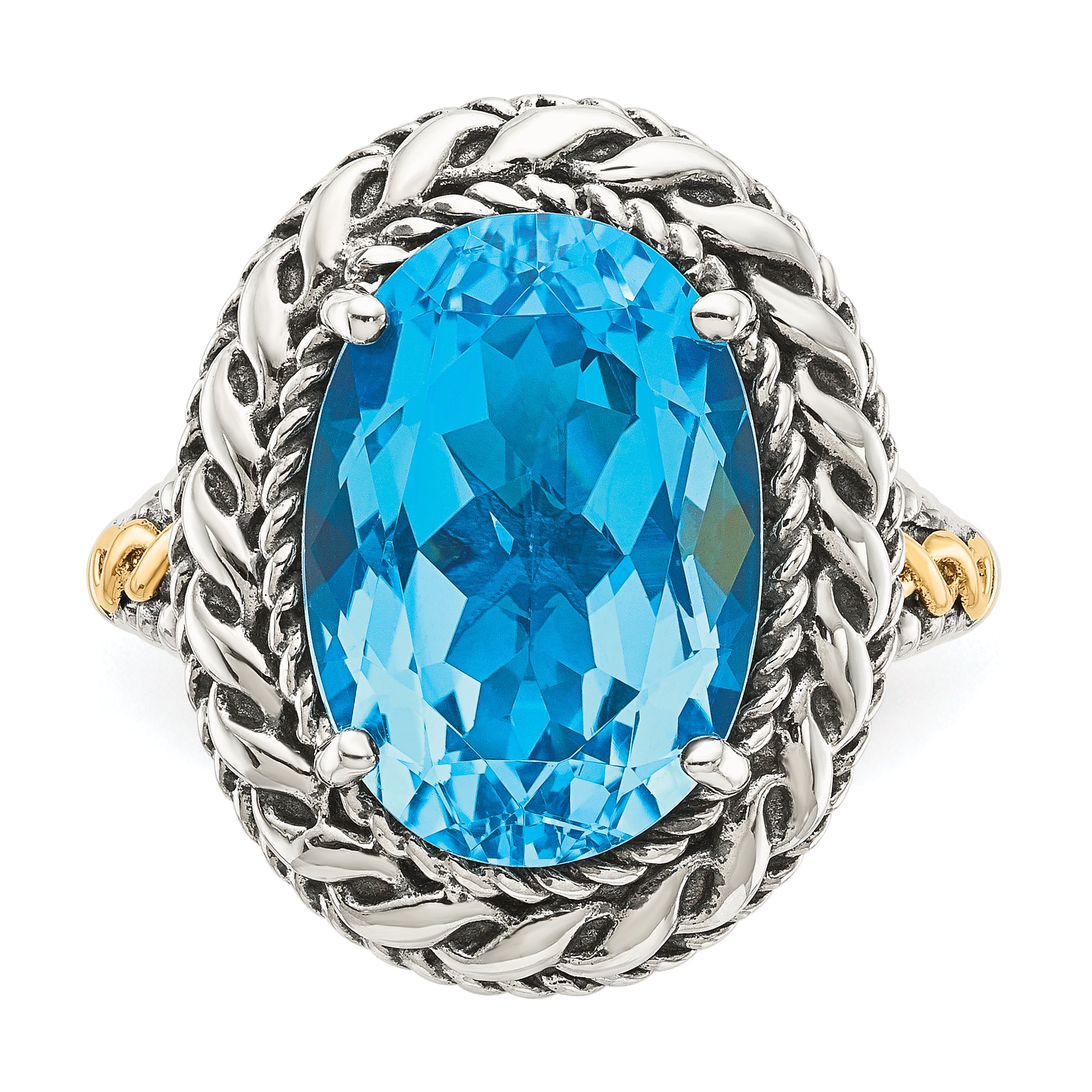 14K/Silver Two Tone Shey Couture Sterling Silver With 14K Accent Antiqued Oval Blue Topaz Ring (Size 7 Only)
