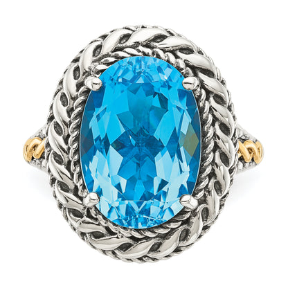 14K/Silver Two Tone Shey Couture Sterling Silver With 14K Accent Antiqued Oval Blue Topaz Ring (Size 7 Only)