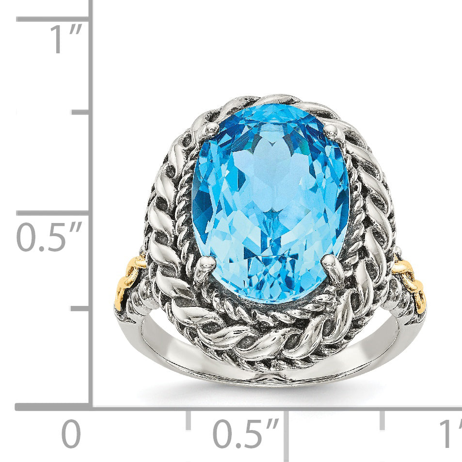 14K/Silver Two Tone Shey Couture Sterling Silver With 14K Accent Antiqued Oval Blue Topaz Ring (Size 7 Only)