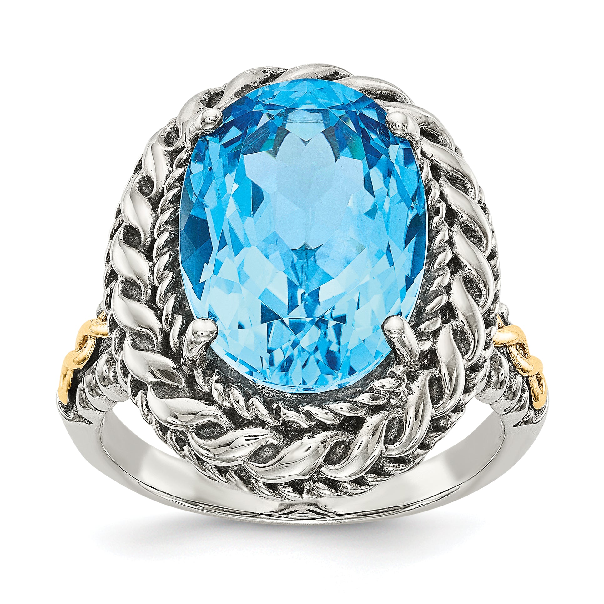 14K/Silver Two Tone Shey Couture Sterling Silver With 14K Accent Antiqued Oval Blue Topaz Ring (Size 7 Only)