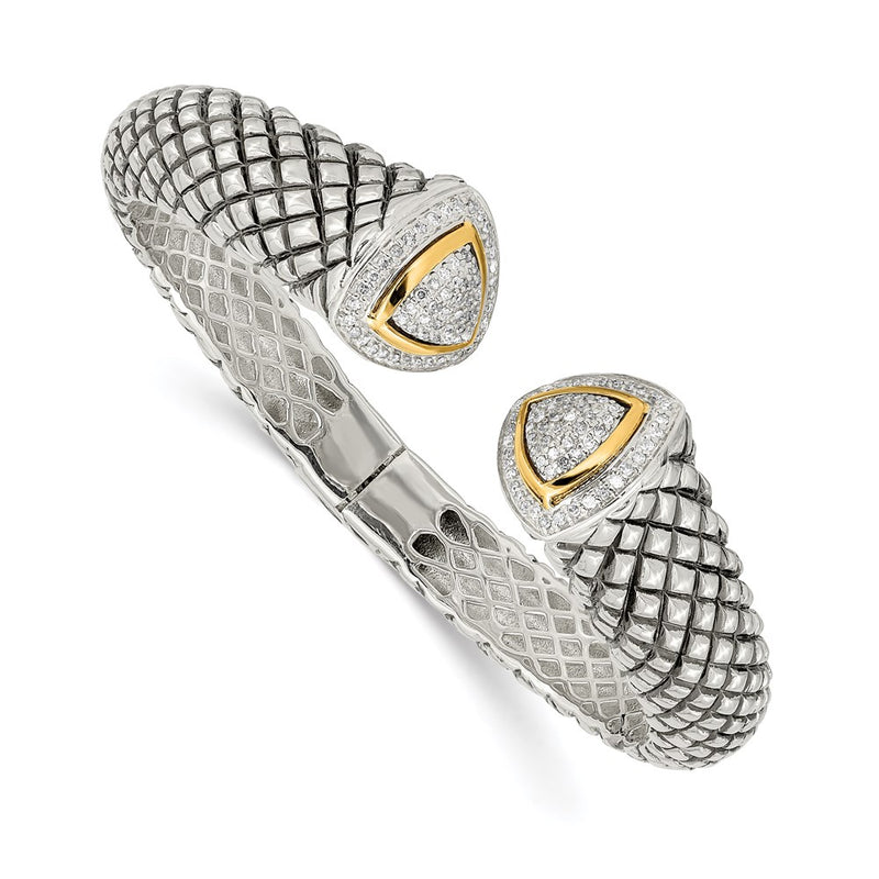 14K/Silver Two Tone Shey Couture Sterling Silver With 14K Accent Antiqued 1/2 Carat Diamond Hinged Cuff Bracelet