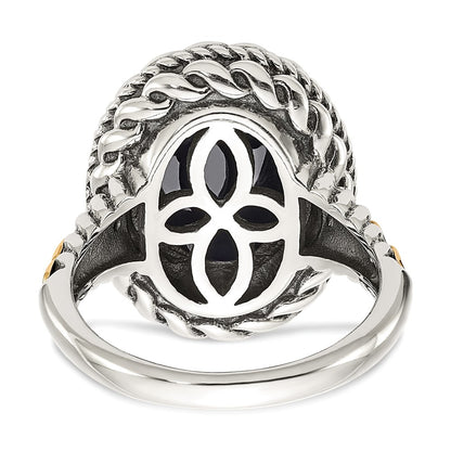 14K/Silver Two Tone Shey Couture Sterling Silver With 14K Accent Antiqued Checkerboard Cut Black Onyx Ring
