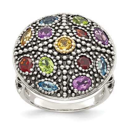 14K/Silver Two Tone Shey Couture Sterling Silver With 14K Accent Antiqued .43Amethyst/.19Citrine/.32Blue Topaz/.32Peridot/.35Garnet Ring