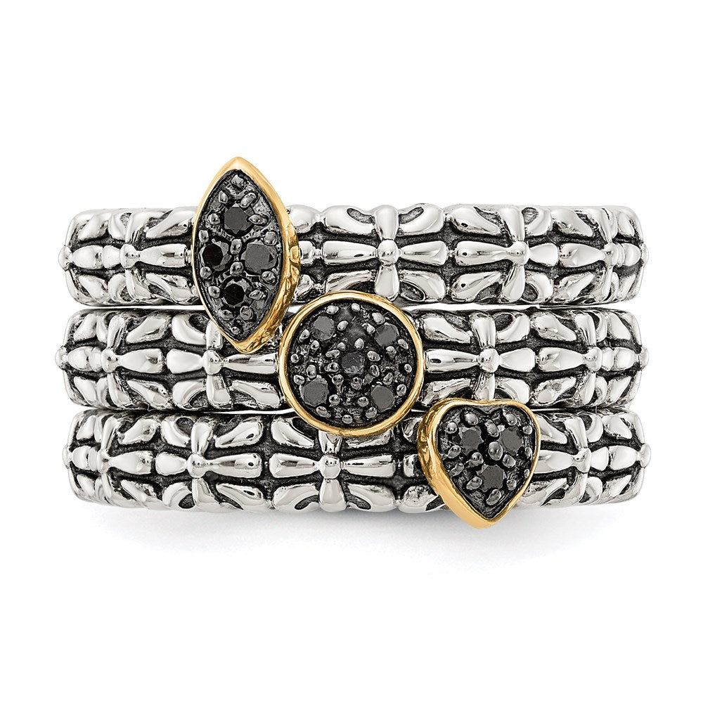 14K/Silver Two Tone Sterling Silver 14K Black Diamond 3 Stackable Rings