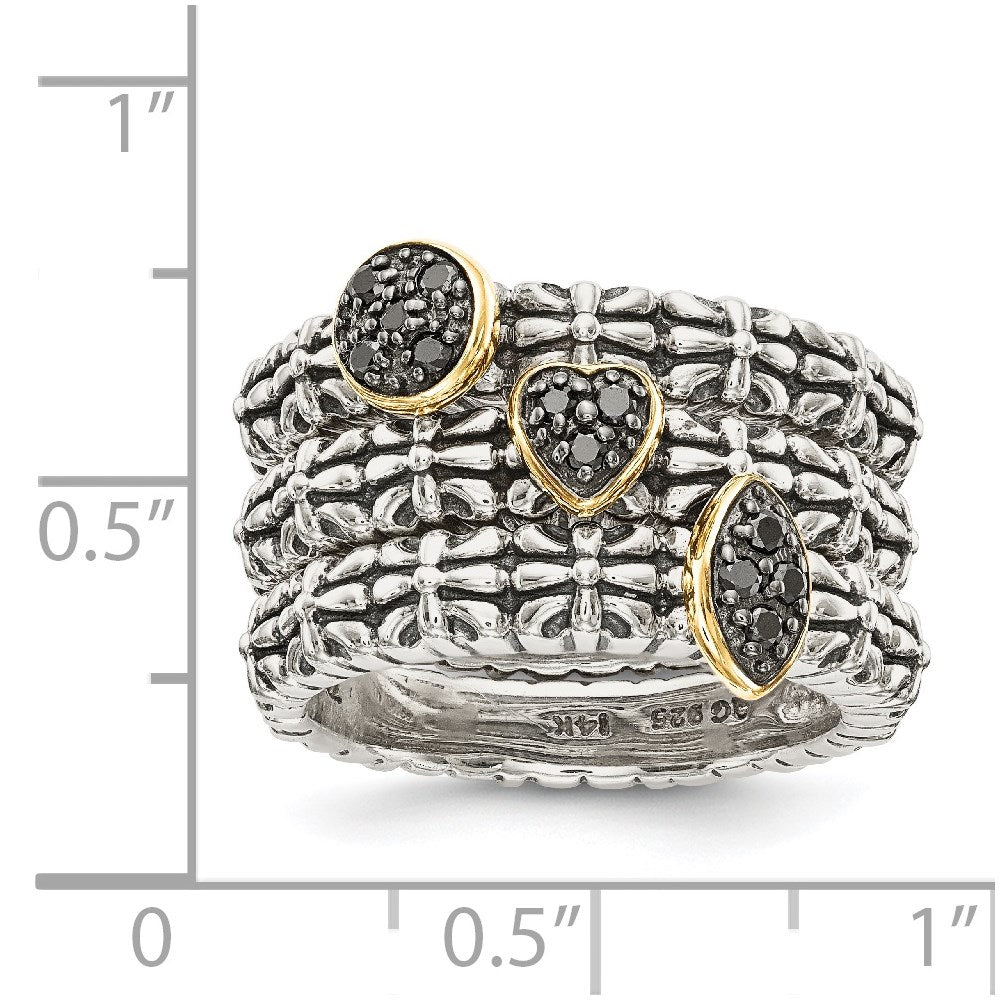 14K/Silver Two Tone Sterling Silver 14K Black Diamond 3 Stackable Rings