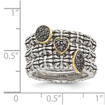 14K/Silver Two Tone Sterling Silver 14K Black Diamond 3 Stackable Rings