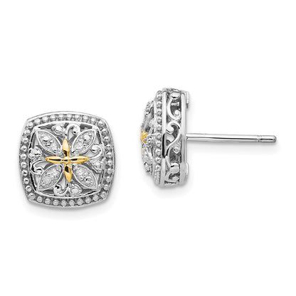 14K/Silver Two Tone Shey Couture Sterling Silver Rhodium Plated With 14K Accent Diamond Vintage Post Earrings