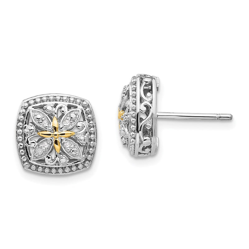 14K/Silver Two Tone Shey Couture Sterling Silver Rhodium Plated With 14K Accent Diamond Vintage Post Earrings