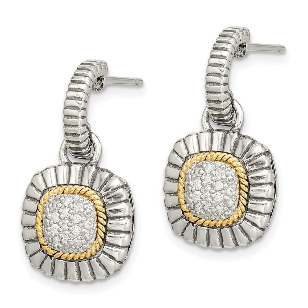 Sterling Silver Antiqued w/14K/Silver Two-Tone Diamond Dangle Post Earrings