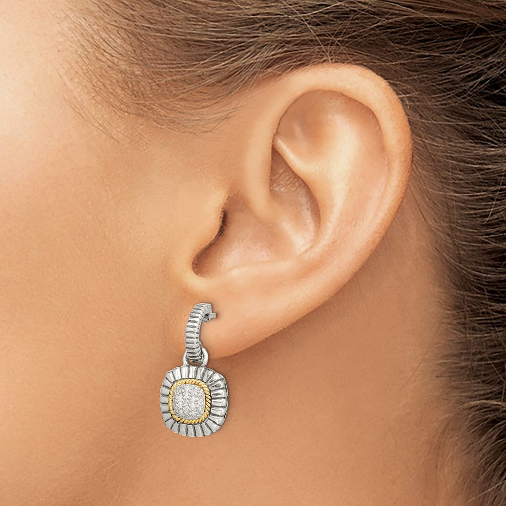 Sterling Silver Antiqued w/14K/Silver Two-Tone Diamond Dangle Post Earrings