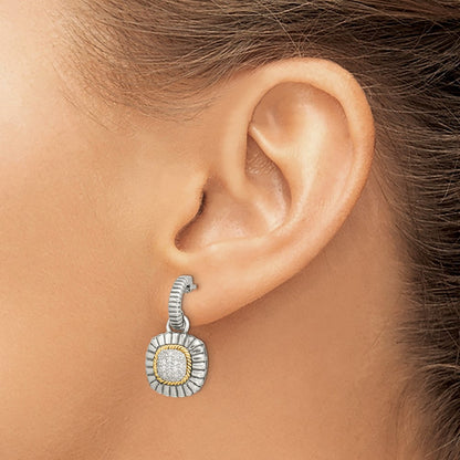 Sterling Silver Antiqued w/14K/Silver Two-Tone Diamond Dangle Post Earrings