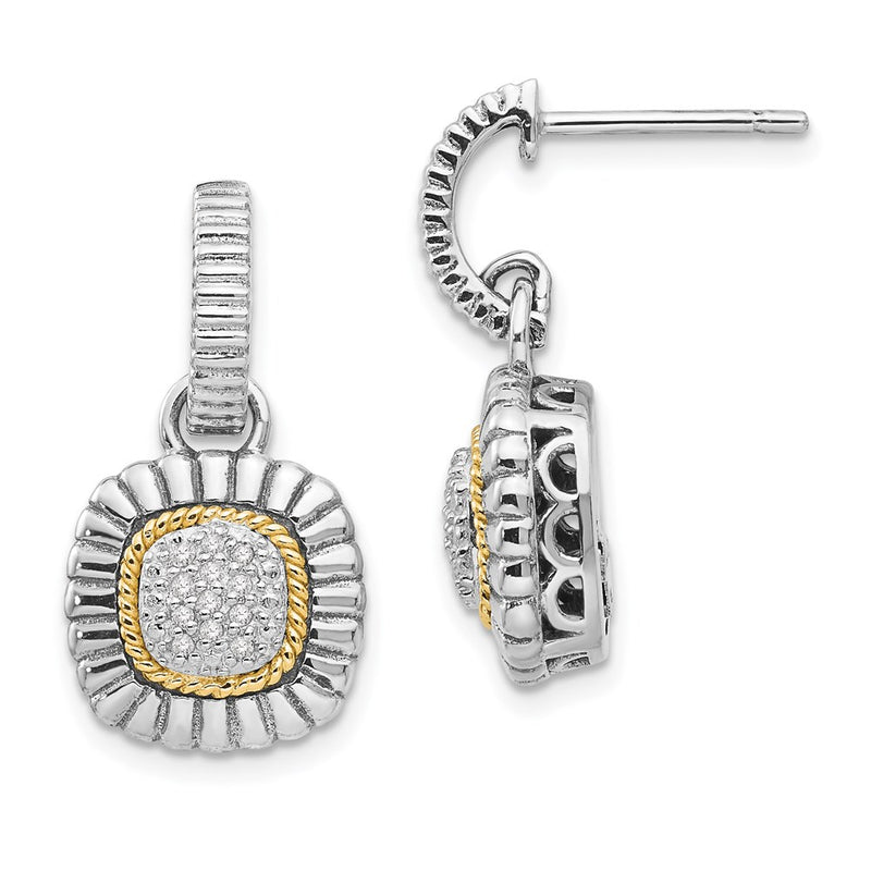 Sterling Silver Antiqued w/14K/Silver Two-Tone Diamond Dangle Post Earrings