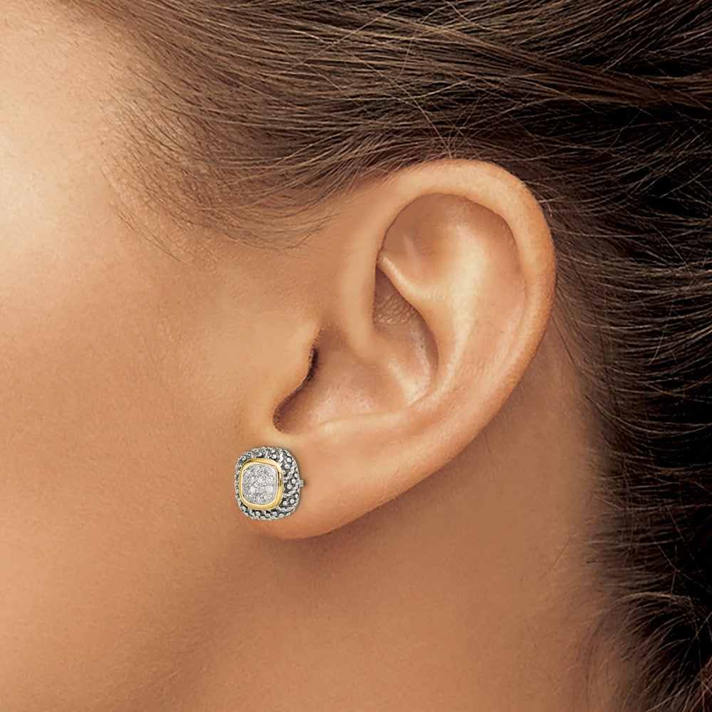14K/Silver Two Tone Shey Couture Sterling Silver With 14K Accent Antiqued Diamond Post Earrings