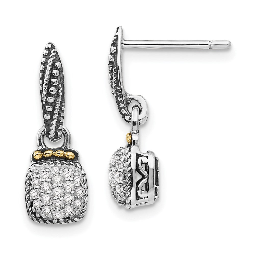 14K/Silver Two Tone Shey Couture Sterling Silver With 14K Accent Antiqued Diamond Dangle Post Earrings