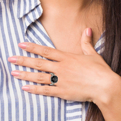 14K/Silver Two Tone Shey Couture Sterling Silver With 14K Accent Antiqued Checkerboard Cut Black Onyx Ring