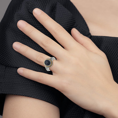 14K/Silver Two Tone Shey Couture Sterling Silver With 14K Accent Antiqued Checkerboard Cut Black Onyx Ring