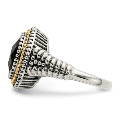 14K/Silver Two Tone Shey Couture Sterling Silver With 14K Accent Antiqued Checkerboard Cut Black Onyx Ring