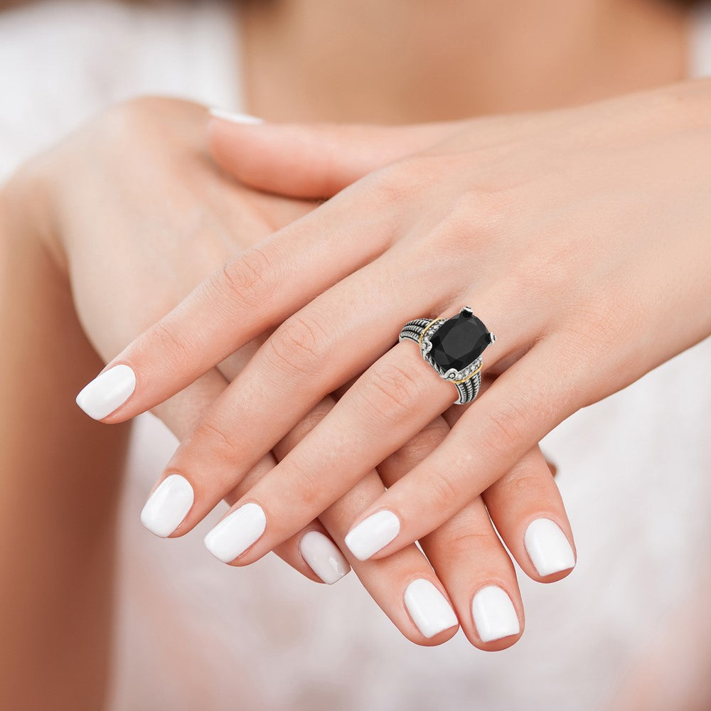 14K/Silver Two Tone Shey Couture Sterling Silver With 14K Accent Antiqued Black Onyx And White Diamond Ring