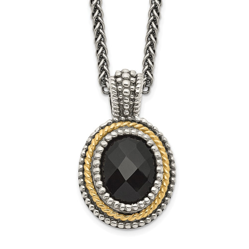 14K/Silver Two Tone Shey Couture Sterling Silver With 14K Accent 18 Inch Antiqued Checkerboard Cut Black Onyx Necklace