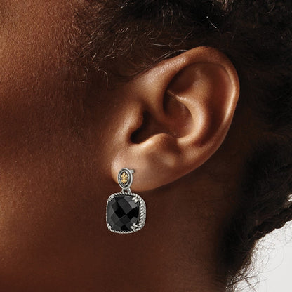 14K/Silver Two Tone Shey Couture Sterling Silver With 14K Accent Antiqued Checkerboard Cut Black Onyx Dangle Post Earrings