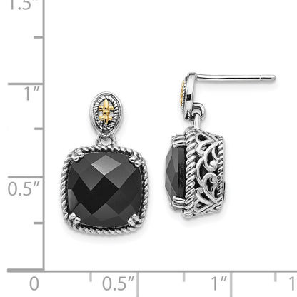 14K/Silver Two Tone Shey Couture Sterling Silver With 14K Accent Antiqued Checkerboard Cut Black Onyx Dangle Post Earrings