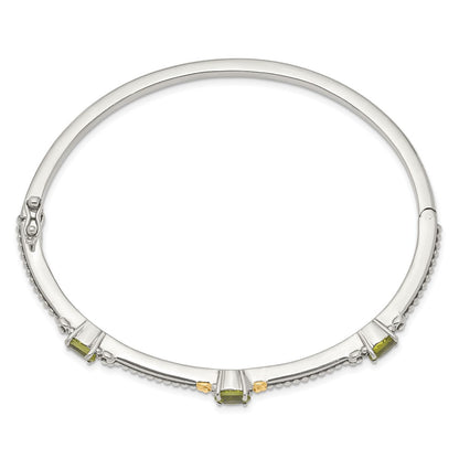 14K/Silver Two Tone Shey Couture Sterling Silver With 14K Accent Antiqued Oval Peridot Hinged Bangle