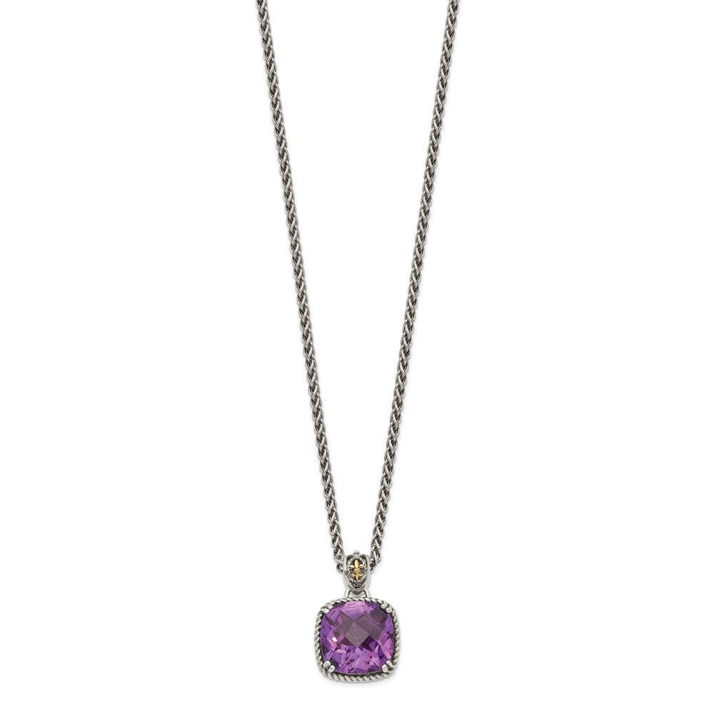 14K/Silver Two Tone Shey Couture Sterling Silver With 14K Accent 18 Inch Antiqued Cushion Checkerboard Amethyst Necklace