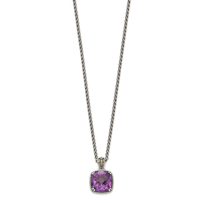 14K/Silver Two Tone Shey Couture Sterling Silver With 14K Accent 18 Inch Antiqued Cushion Checkerboard Amethyst Necklace