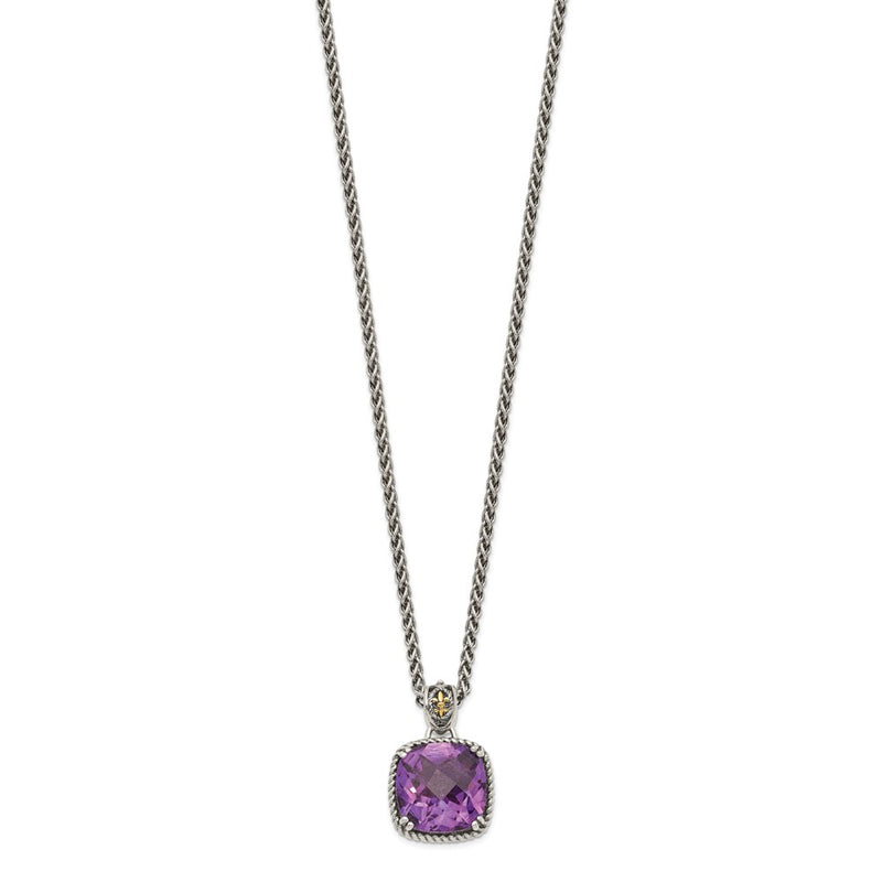 14K/Silver Two Tone Shey Couture Sterling Silver With 14K Accent 18 Inch Antiqued Cushion Checkerboard Amethyst Necklace