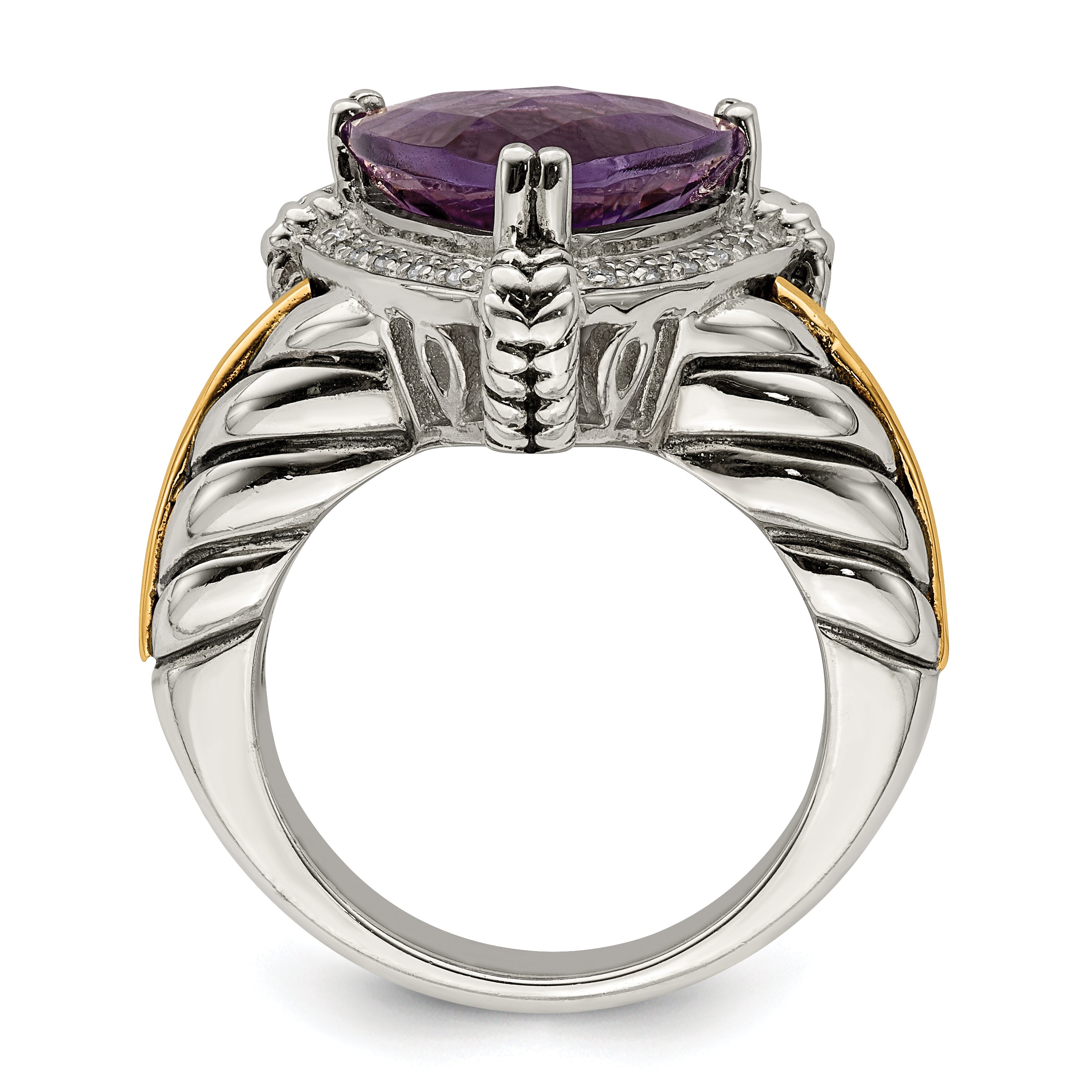 14K/Silver Two Tone Shey Couture Sterling Silver With 14K Accent Antiqued Trillion Amethyst And Diamond Ring