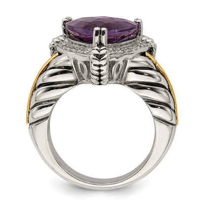 14K/Silver Two Tone Shey Couture Sterling Silver With 14K Accent Antiqued Trillion Amethyst And Diamond Ring