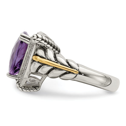 14K/Silver Two Tone Shey Couture Sterling Silver With 14K Accent Antiqued Trillion Amethyst And Diamond Ring
