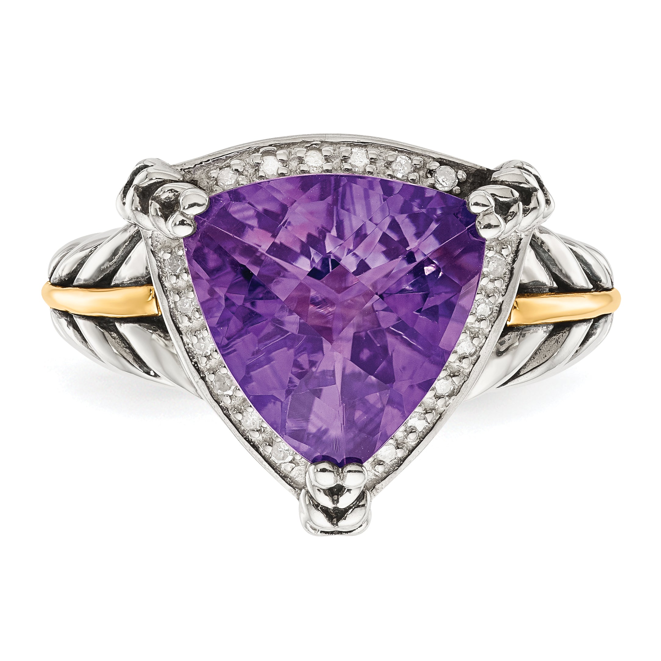 14K/Silver Two Tone Shey Couture Sterling Silver With 14K Accent Antiqued Trillion Amethyst And Diamond Ring
