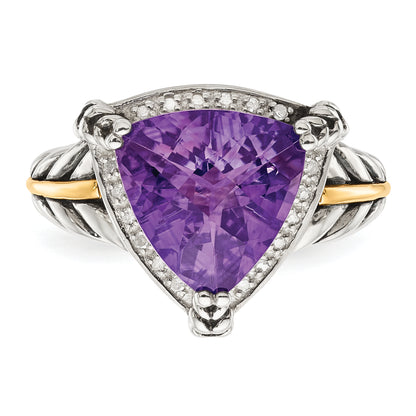 14K/Silver Two Tone Shey Couture Sterling Silver With 14K Accent Antiqued Trillion Amethyst And Diamond Ring