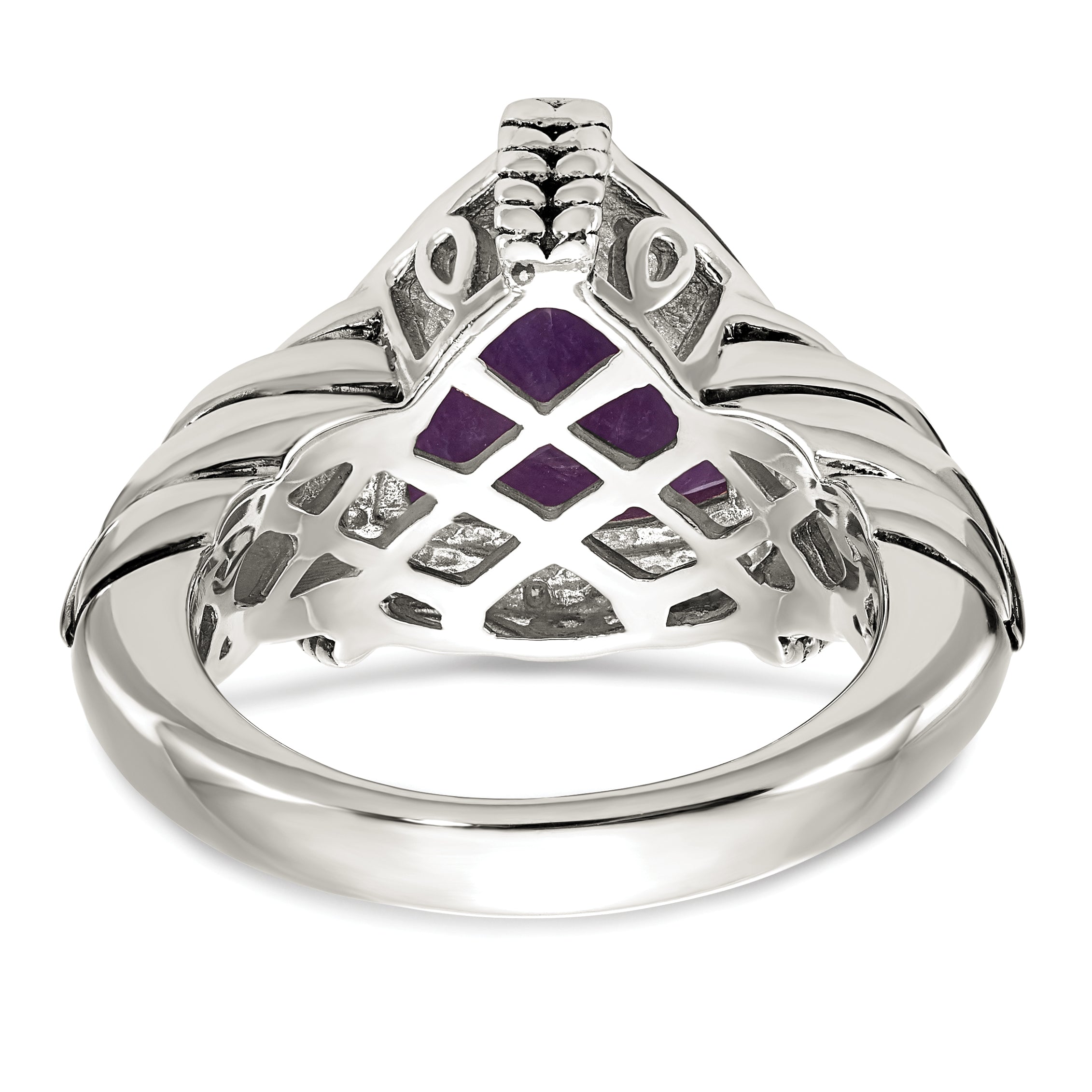 14K/Silver Two Tone Shey Couture Sterling Silver With 14K Accent Antiqued Trillion Amethyst And Diamond Ring