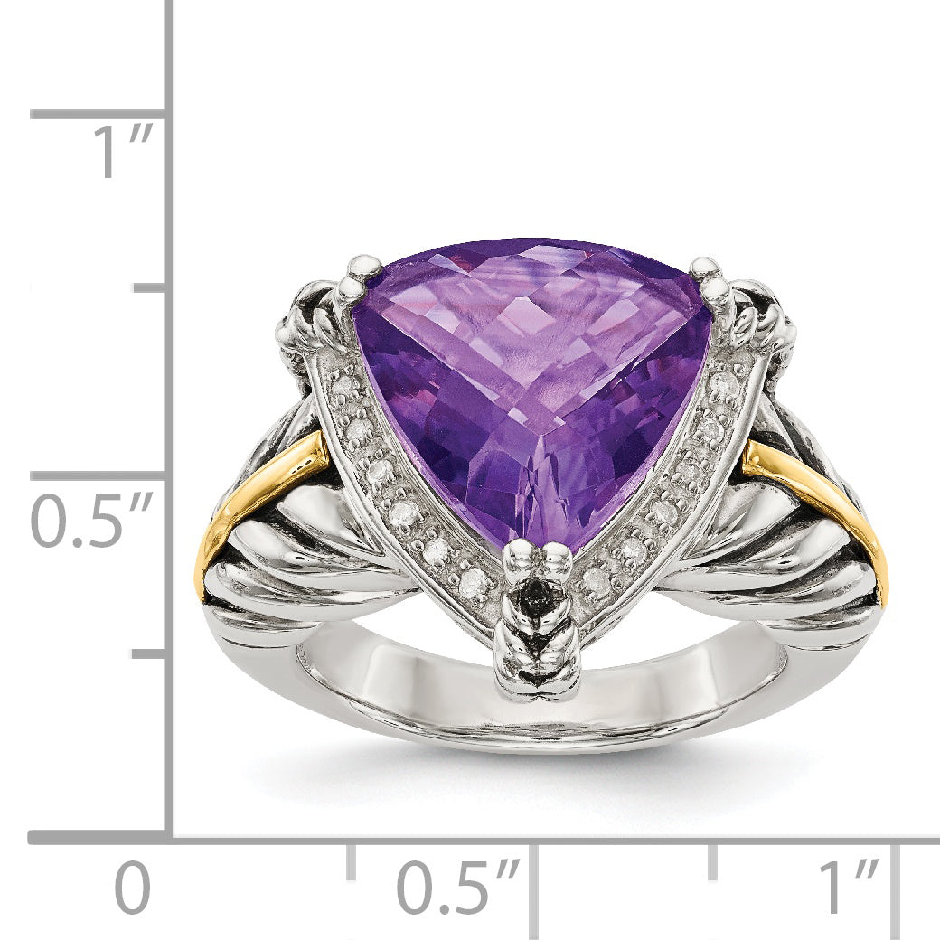 14K/Silver Two Tone Shey Couture Sterling Silver With 14K Accent Antiqued Trillion Amethyst And Diamond Ring
