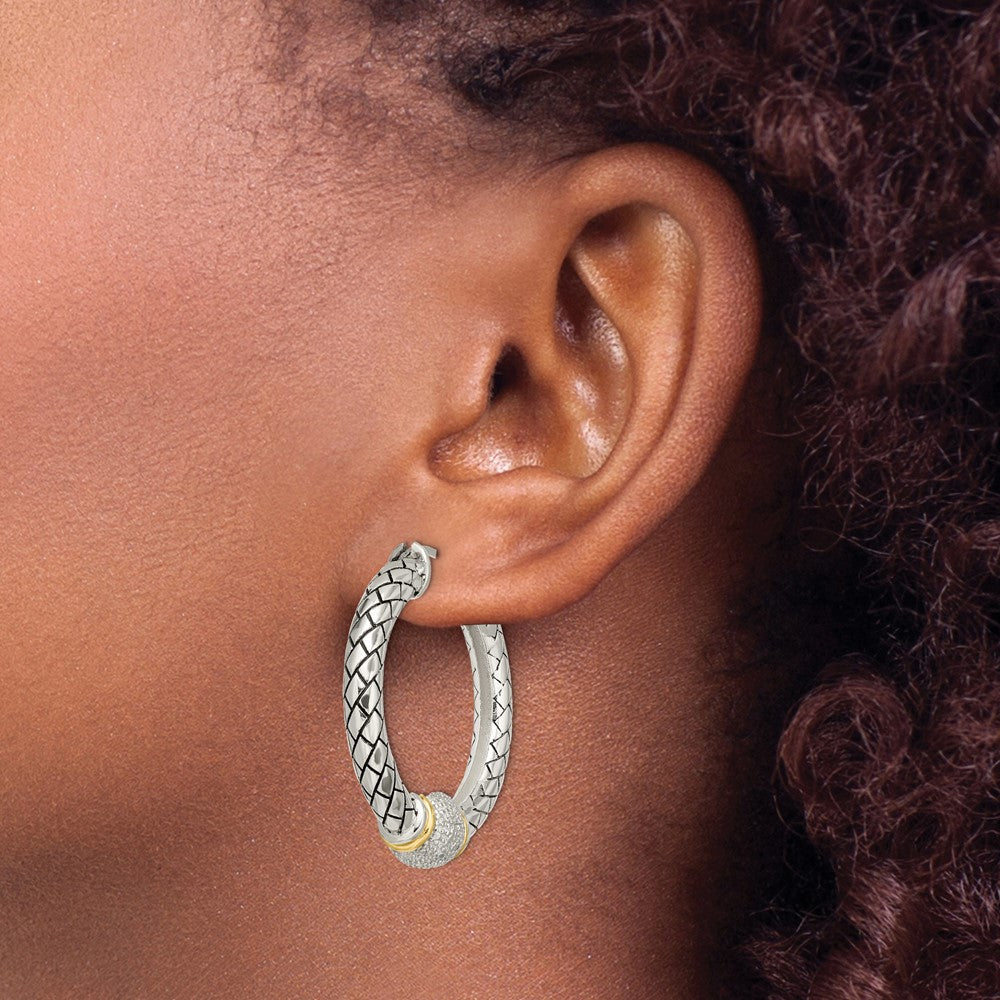 14K/Silver Two Tone Shey Couture Sterling Silver With 14K Accent Antiqued Diamond Hoop Earrings