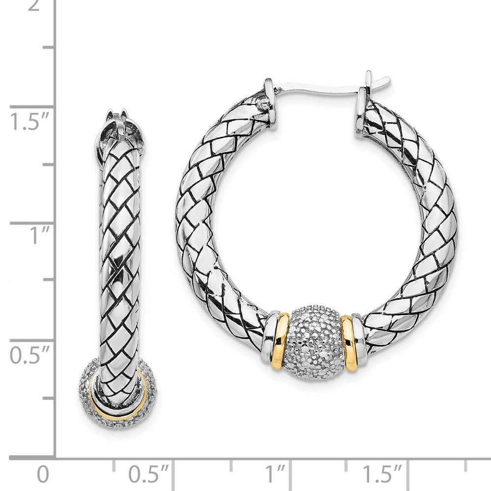 14K/Silver Two Tone Shey Couture Sterling Silver With 14K Accent Antiqued Diamond Hoop Earrings