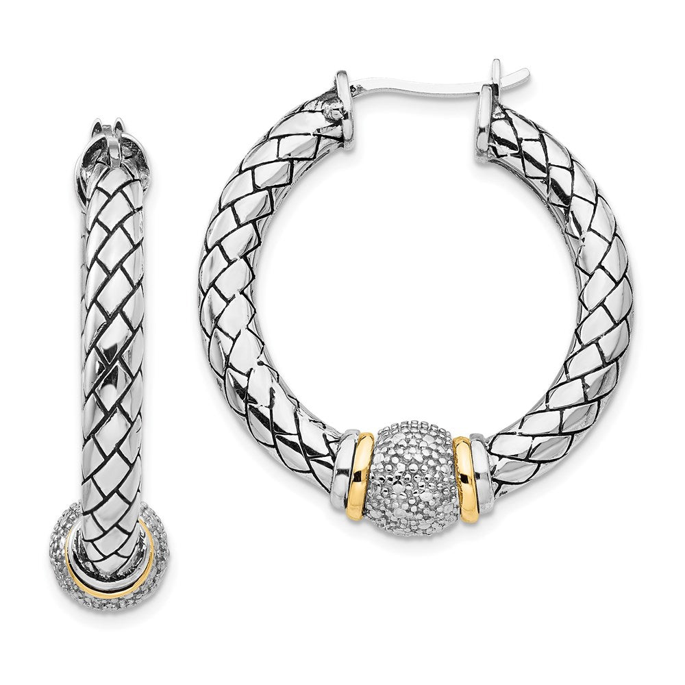 14K/Silver Two Tone Shey Couture Sterling Silver With 14K Accent Antiqued Diamond Hoop Earrings